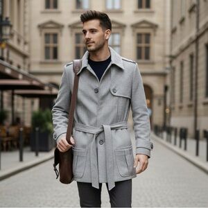 Obakki Light Grey 100% Wool Trench Coat Size S